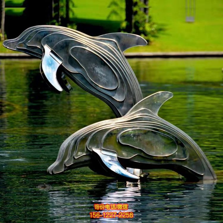 不銹鋼海豚雕塑，池塘水景抽象海豚景觀動物雕塑