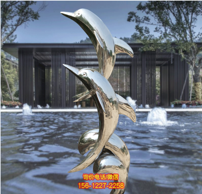 不銹鋼鏡面海豚，園林水景戲水裝飾動物景觀雕塑